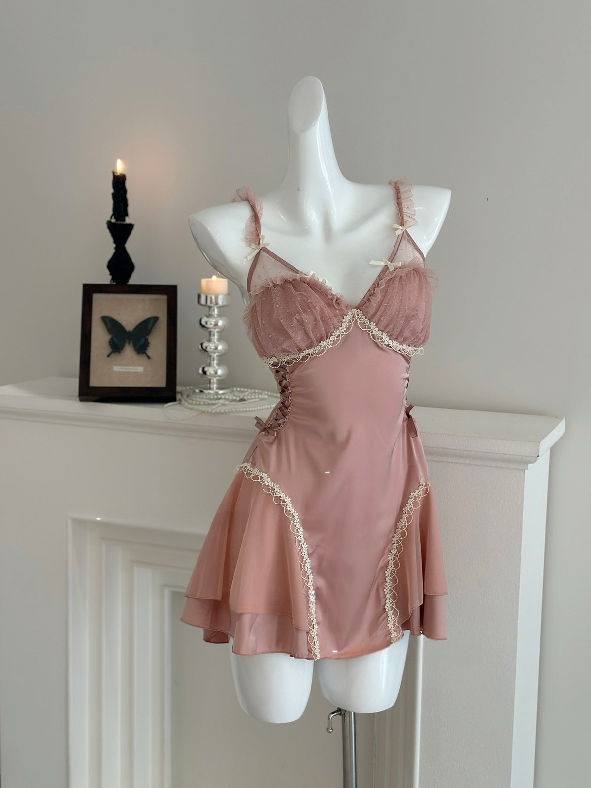 Women's Sexy Backless Mesh Lace Nightgown and Robe Set with Chest Pads teemdrop