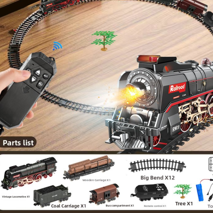 Retro Steam Train Toy Model with Remote Control Light Sound and DIY Track Set