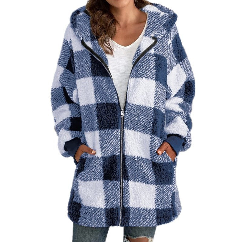 Women's Plush Long Sleeve Plaid Hooded Zip-Up Loose Coat