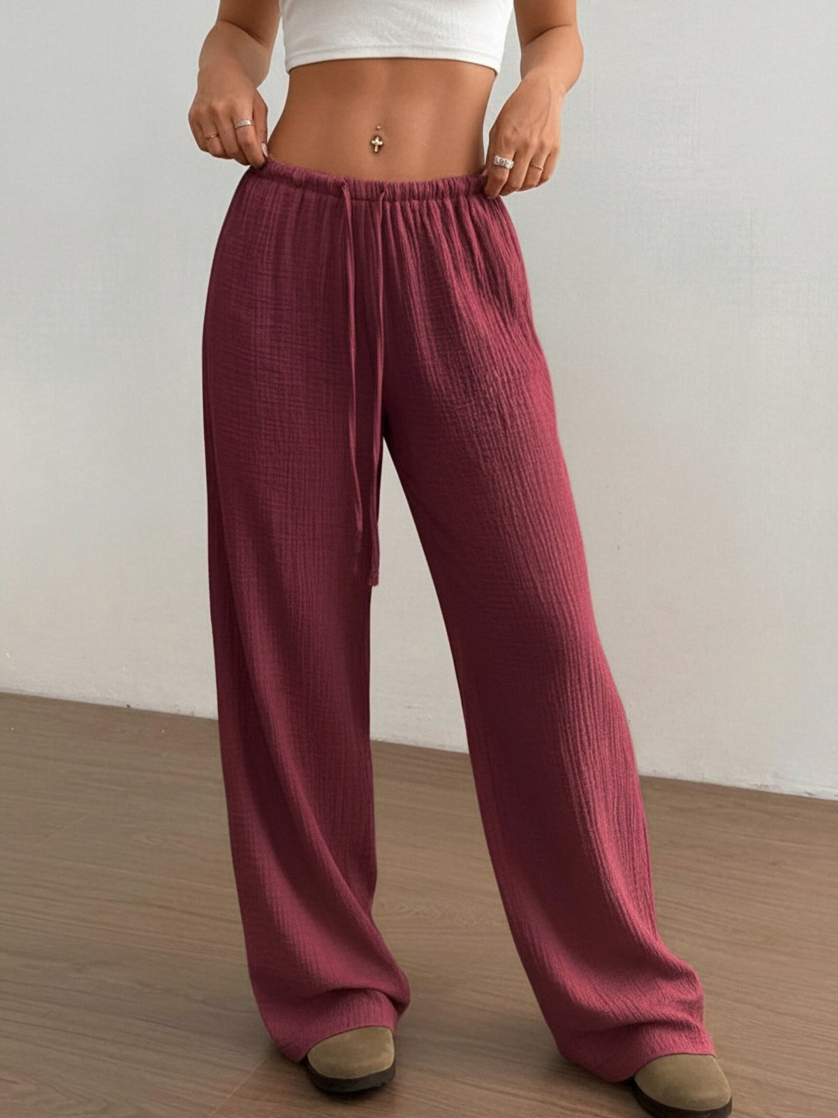 Women's Textured High Waist Drawstring Drapey Wide Leg Pants teemdrop