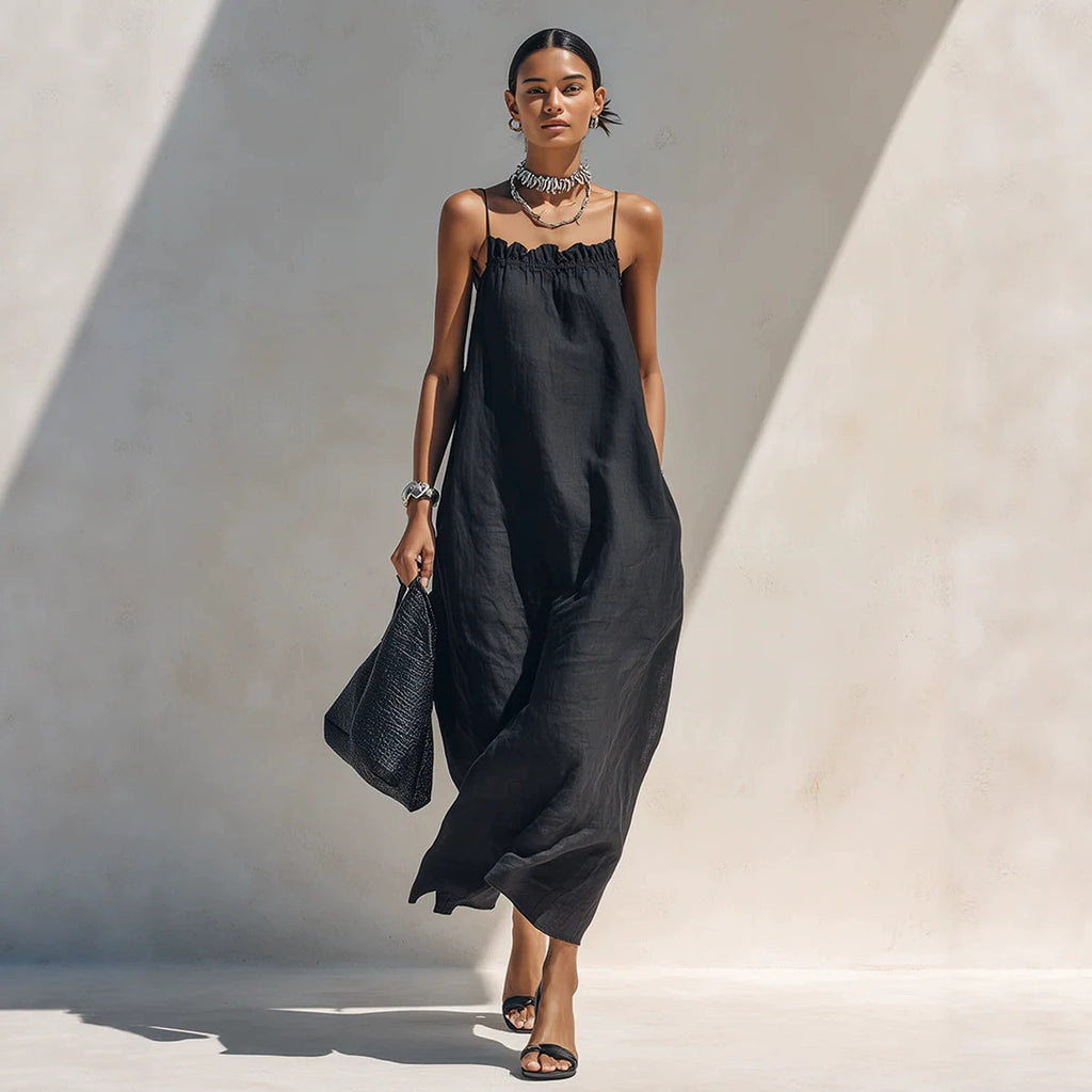 Women's Summer Solid Color Ruffle Collar Sleeveless A-Line Long Dress teemdrop