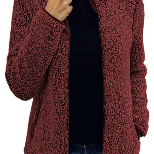 Women's Stand Collar Solid Color Zip-Up Bubble Fleece Jacket
