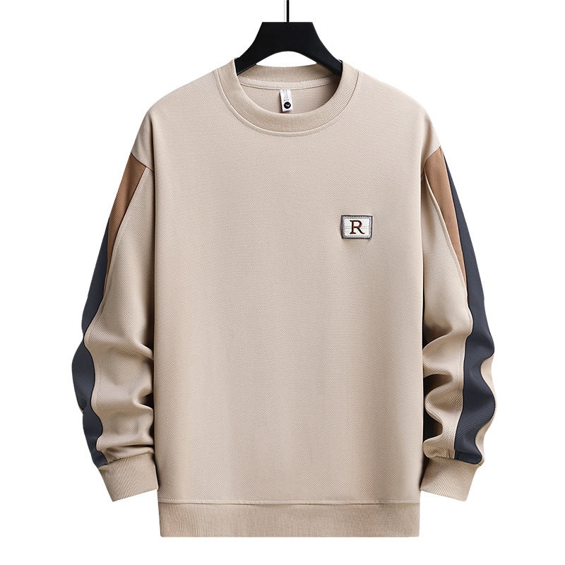 Men's Casual Patchwork Letter Embroidery Round Neck Loose Pullover Sweatshirt