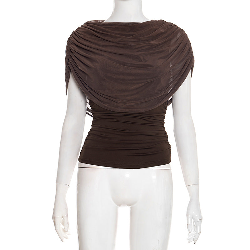 Lady's sleeveless scarf-necked pleated blouse