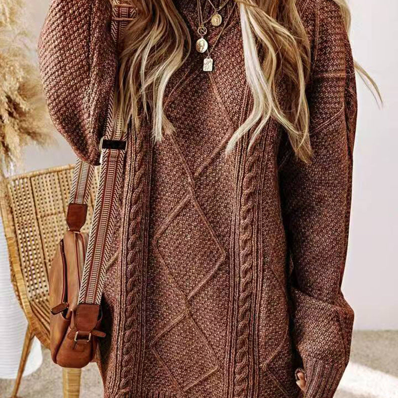 Women's Arctic Velvet Twist Pattern Mid-Length Loose Pullover Sweater teemdrop