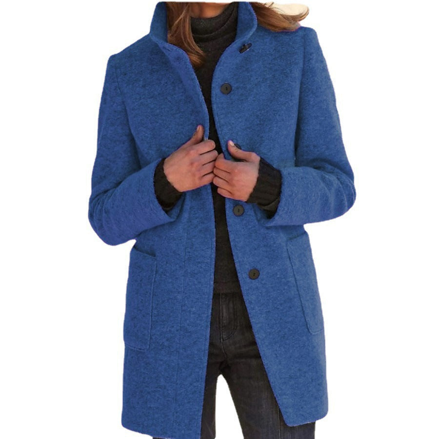 Womens Retro Solid Color Buttoned Stand Collar Coats