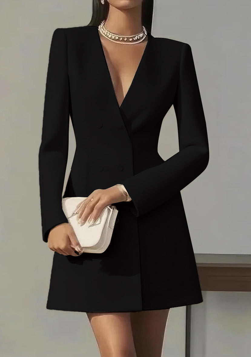 Women's Long-Sleeve Double-Breasted V-Neck Polyester Dress teemdrop