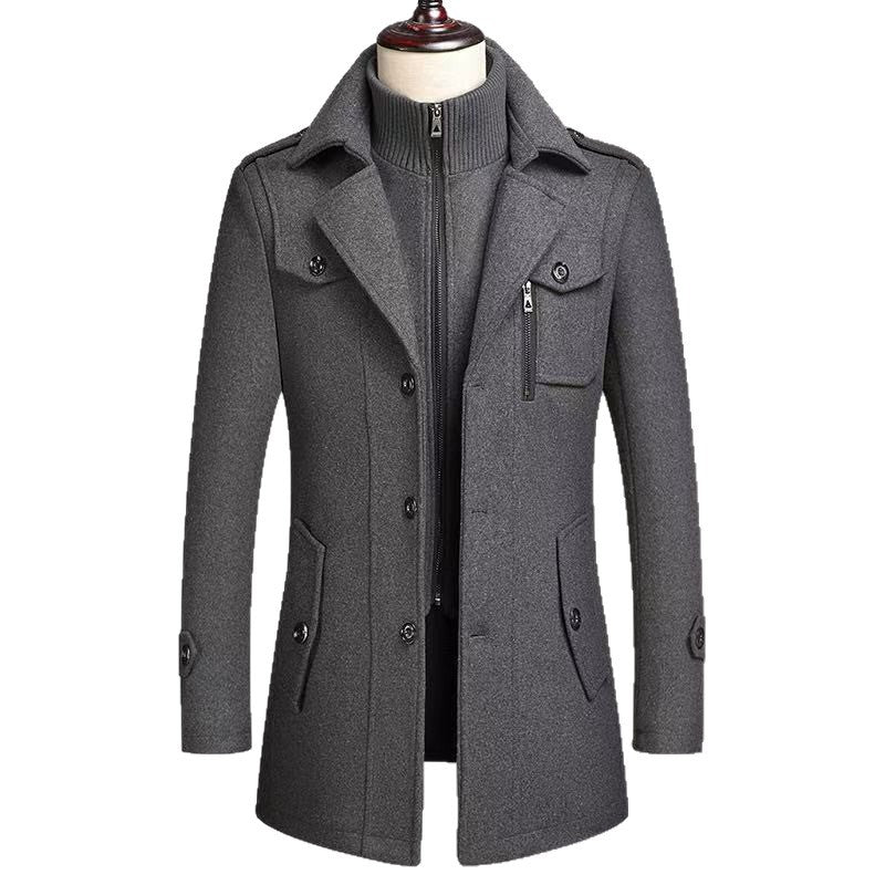 Men's Warm Double-Collar Woolen Coat with Loose Fit and Zip Closure teemdrop