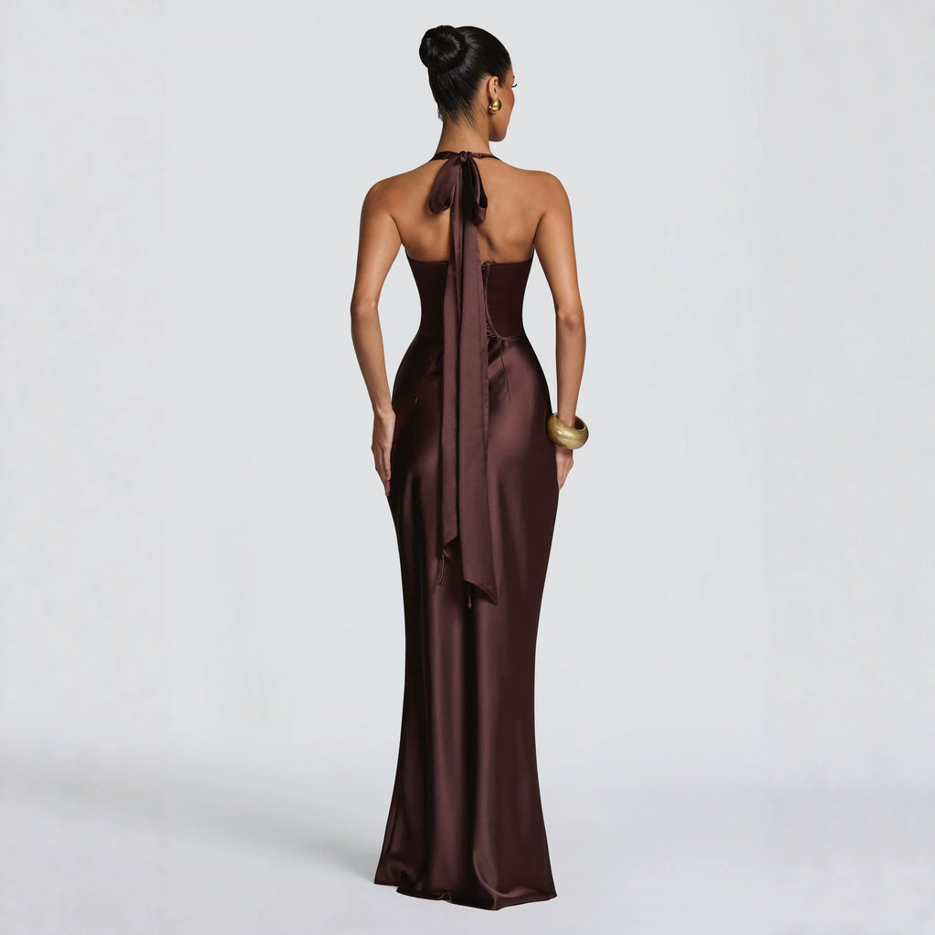 Women's Halter Satin Fishtail Dress Deep V-Neck Backless Tie-Back Long Party Dress teemdrop