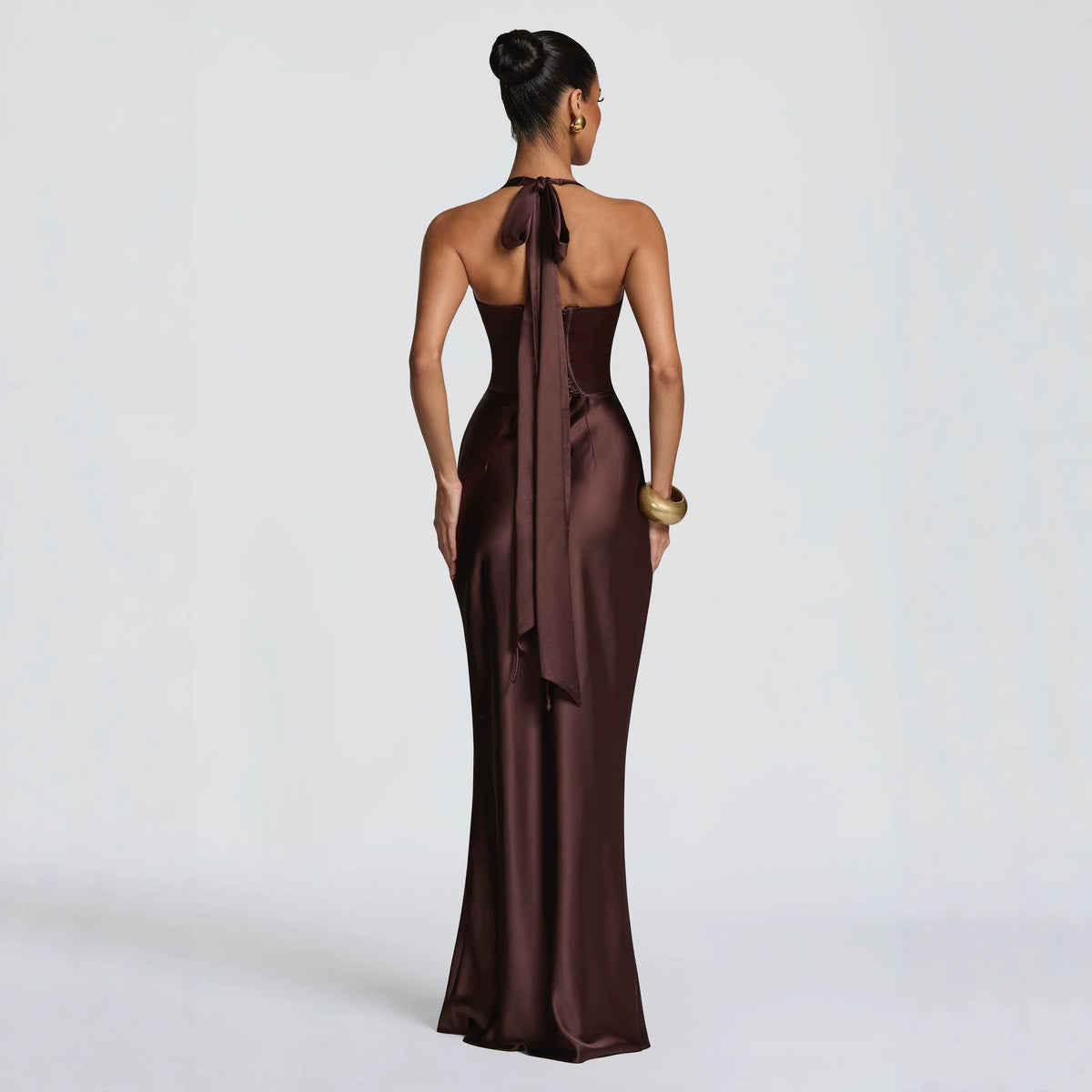 Women's Halter Satin Fishtail Dress Deep V-Neck Backless Tie-Back Long Party Dress teemdrop