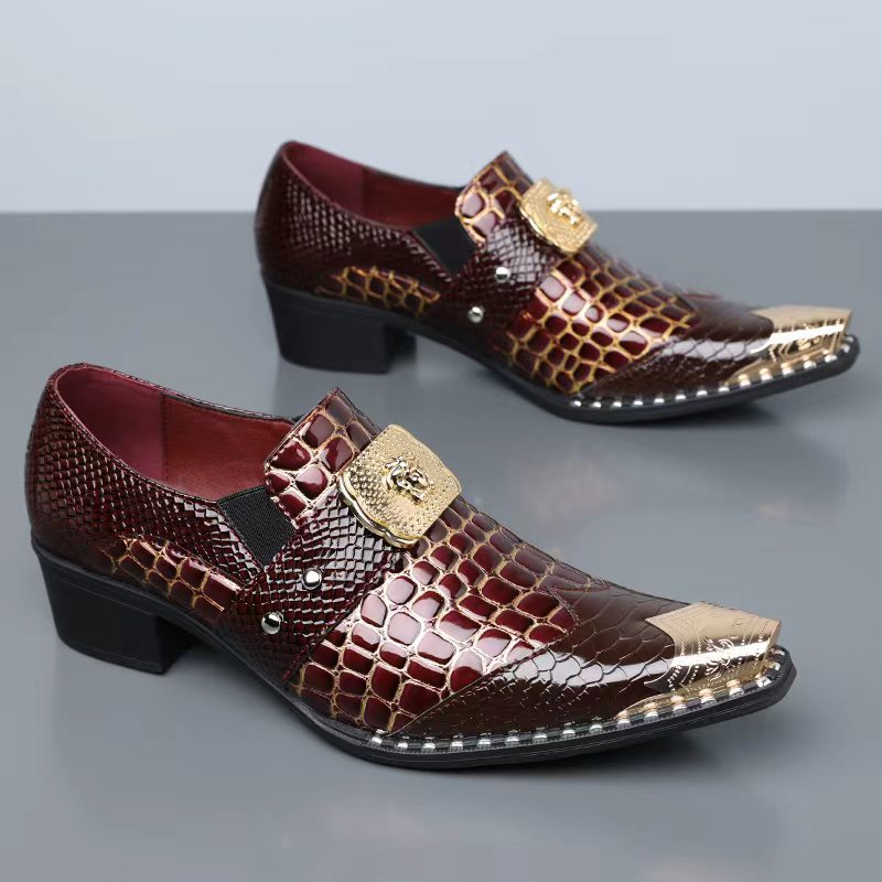 Men's Chunky Heel Pointed Toe Slip-on PU Leather Loafers teemdrop