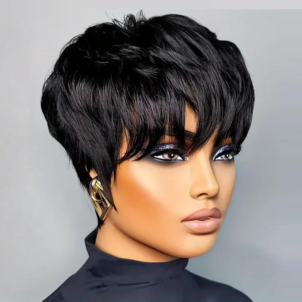 Black Short Curly Pixie Cut Synthetic Wig with Adjustable Cap teemdrop
