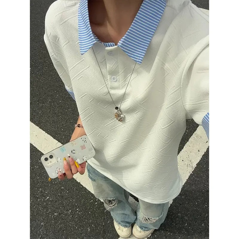Men's Plaid Patchwork Short Sleeve Polo Shirt Casual Loose Fit Summer Top teemdrop