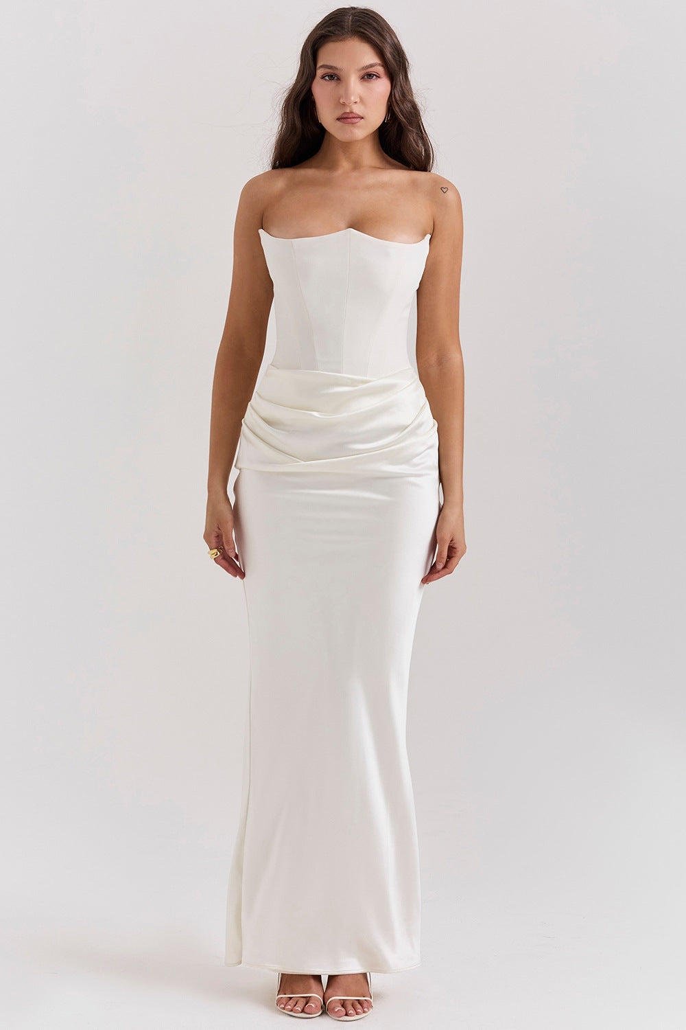 Women's Satin Off-Shoulder Pleated Long Bodycon Dress teemdrop