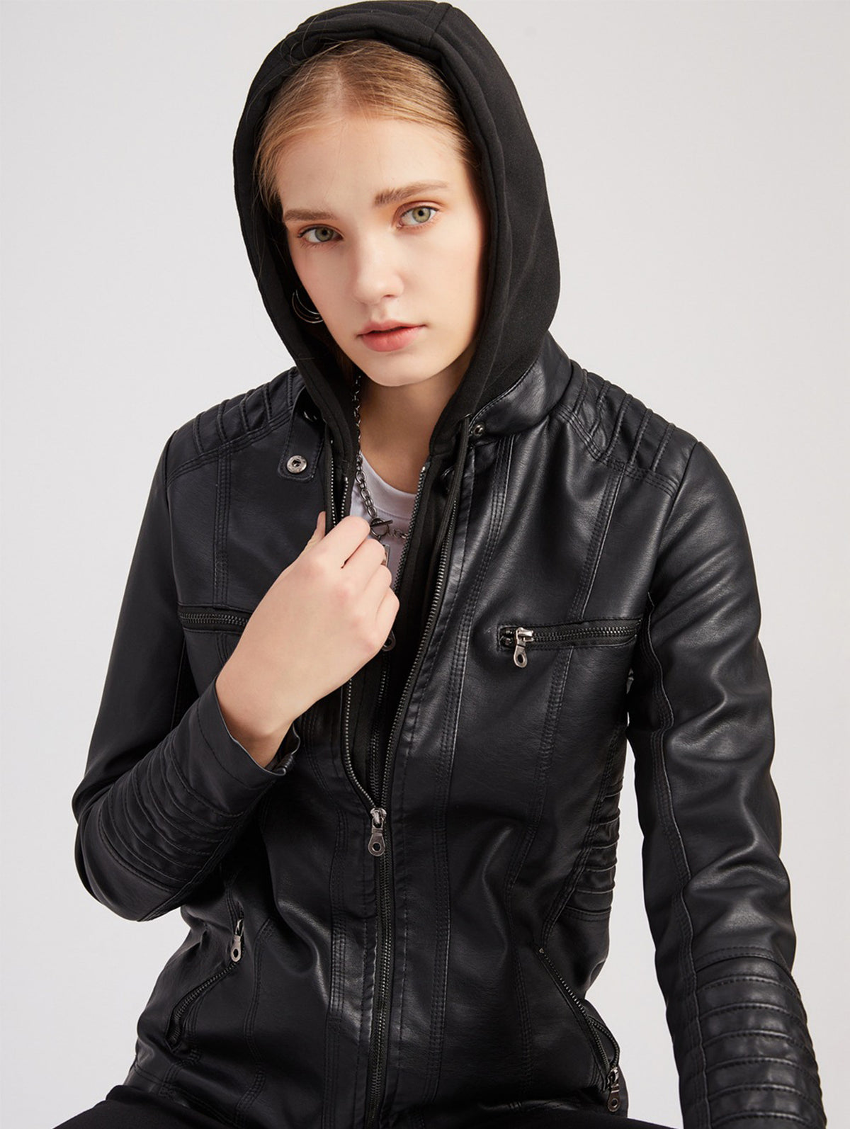 Women's Faux Leather Hooded Jacket Two-Piece Set Slim Fit Long Sleeve teemdrop