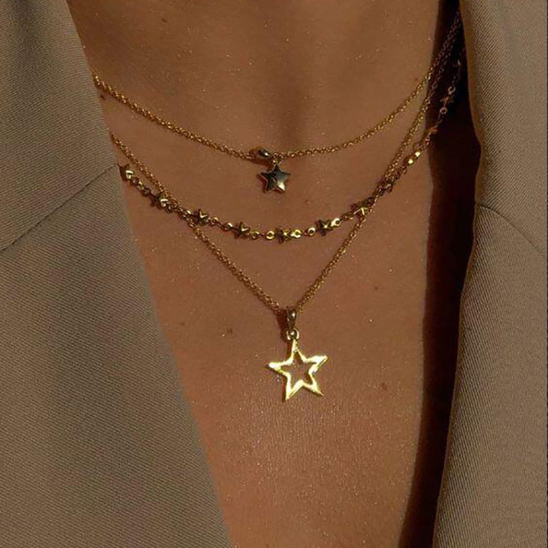 Women's Multi-Layered Star Pendant Alloy Necklace Vintage Clavicle Chain teemdrop