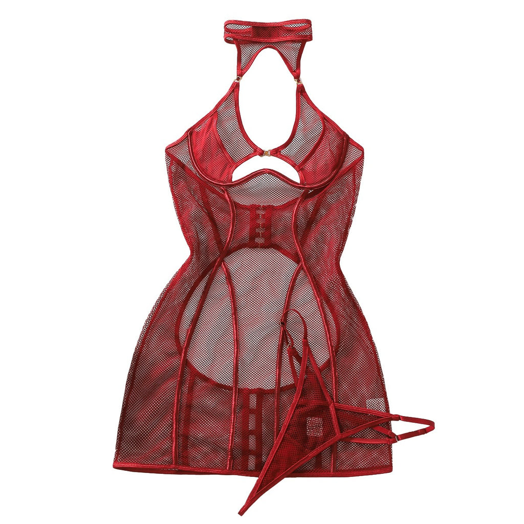 Sheer Fishnet Halter-Neck Body-Sculpting Sexy Cut-Out Bodysuit teemdrop
