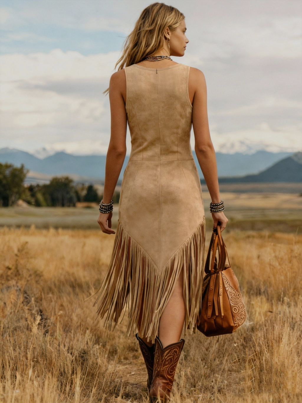 Women's Suede Sleeveless Bodycon Fringe Dress Western Cowboy Style Mid-Length Tank Dress