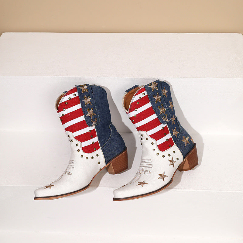 Striped Embroidered Pointed Stud Leather Boots Short Tube