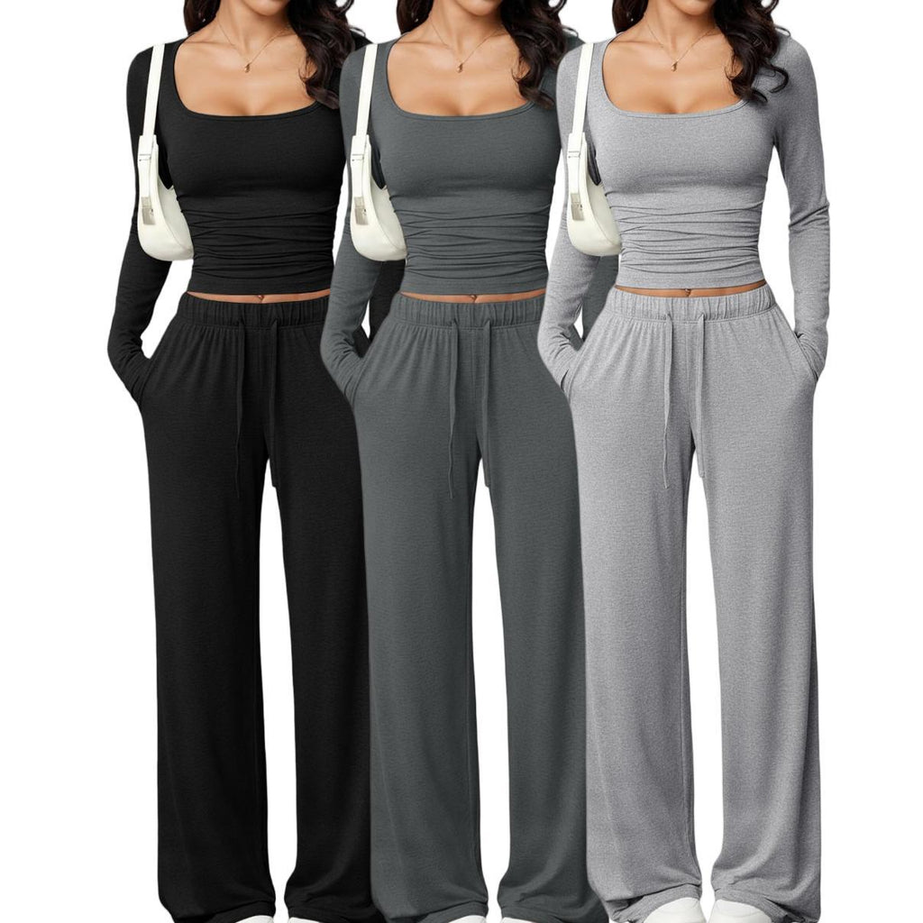 casual pants set with square-neck long-sleeve short top