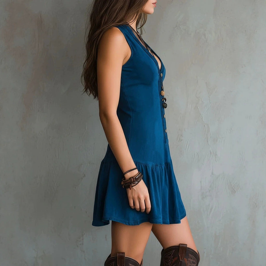 Women's Sleeveless U-Neck Lace Button A-Line Short Dress
