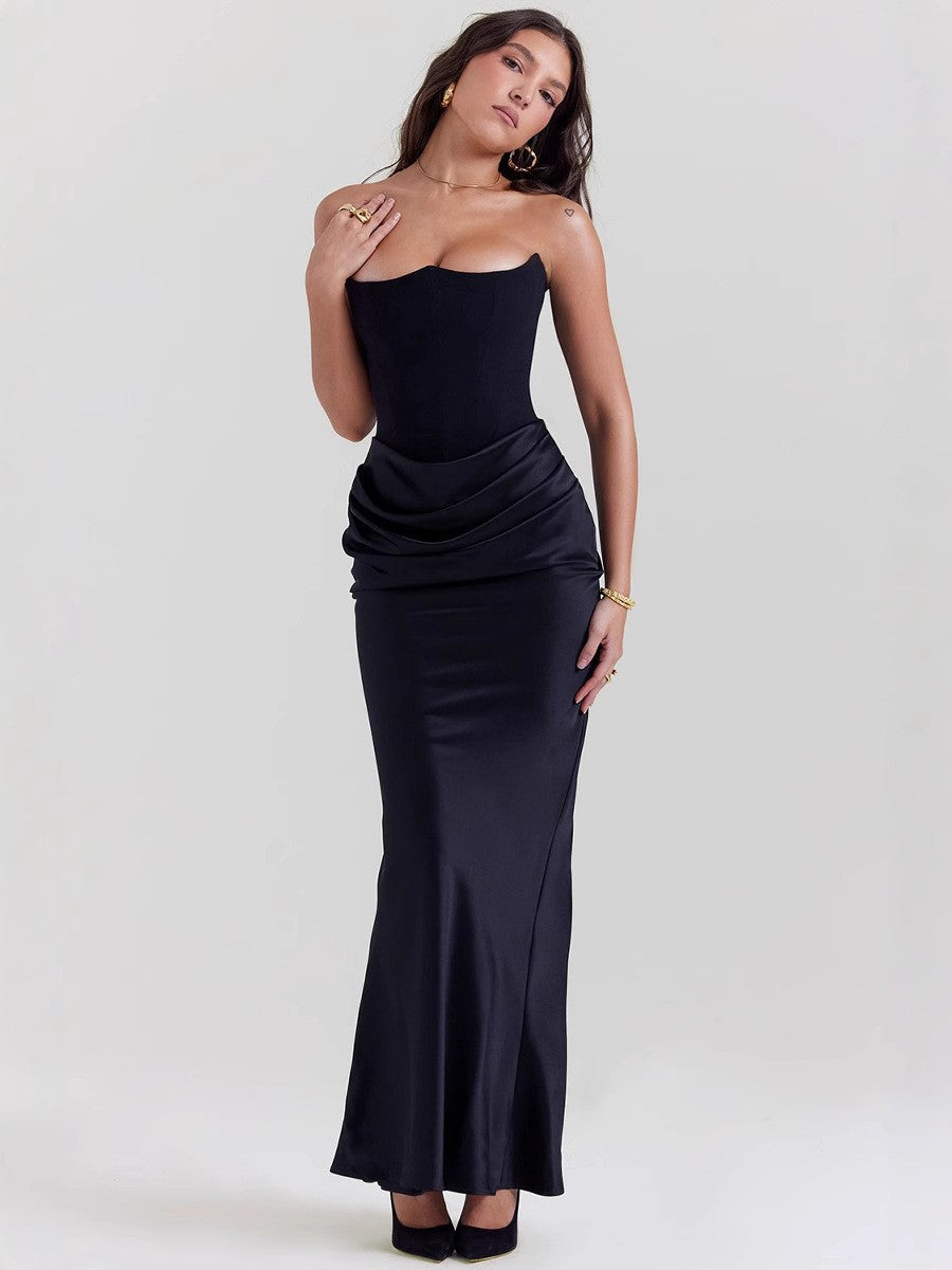 Women's Satin Off-Shoulder Pleated Long Bodycon Dress teemdrop