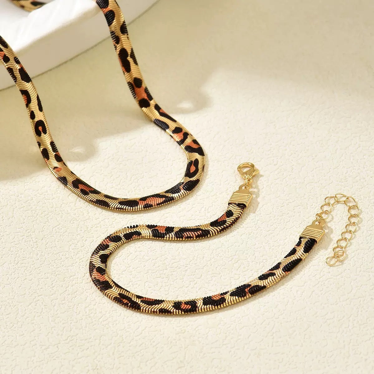 Leopard Print Snake Bone Chain Necklace and Bracelet Jewelry Set