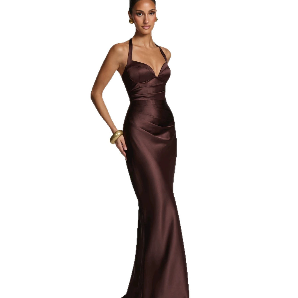 Fashion Elegant Satin Halter Neck Ribbon Backless Cross-Tie Floor-Length Fishtail Gown Dress teemdrop
