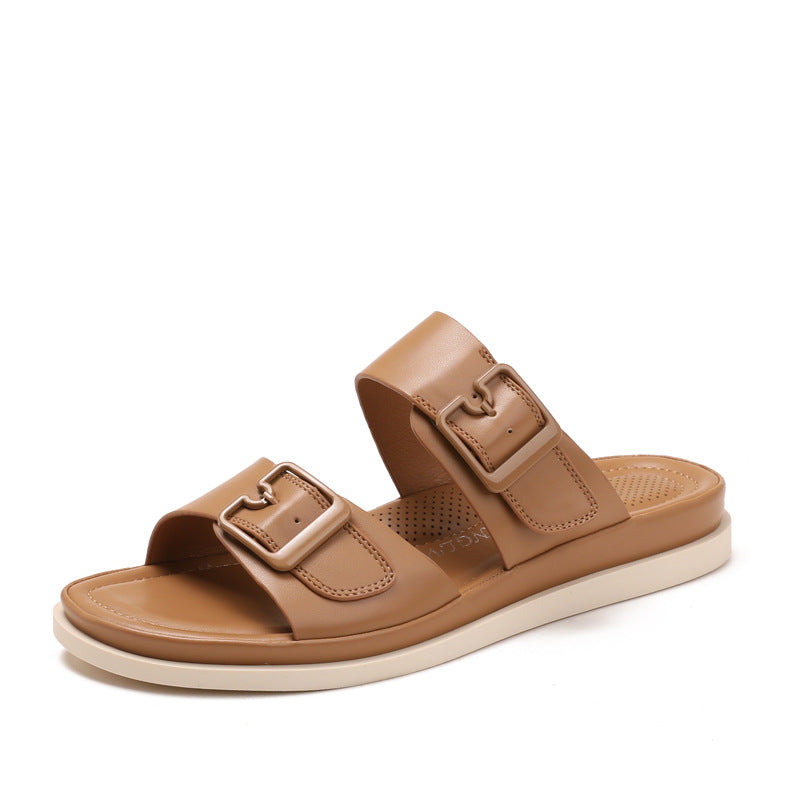 Women Casual Buckle Decor Open Toe Flat Slip-On Thick Sole Outdoor Slippers teemdrop