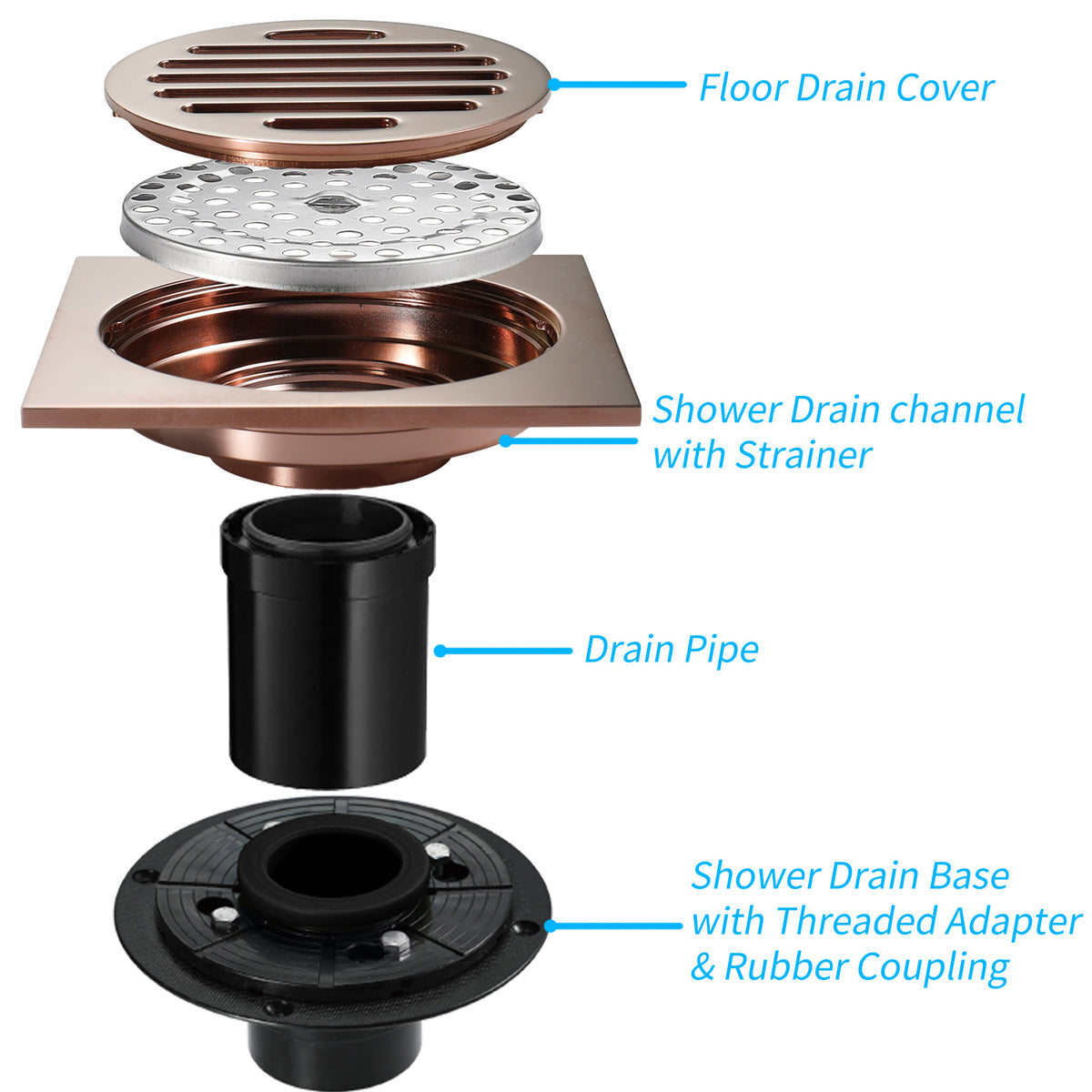 Rose Gold Copper Anti-Odor Concealed Tile Insert Square Linear Floor Drain teemdrop