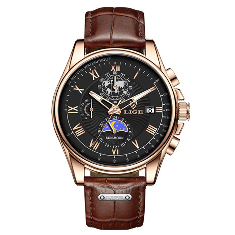 LIGE Men's Business Watch with Moon Phase Multifunction Quartz Wristwatch Leather Strap Waterproof