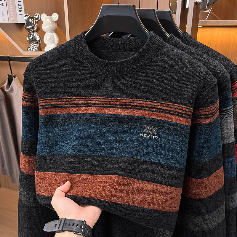 Men's Thickened Warm Striped Round Neck Long Sleeve Knitted Sweater teemdrop