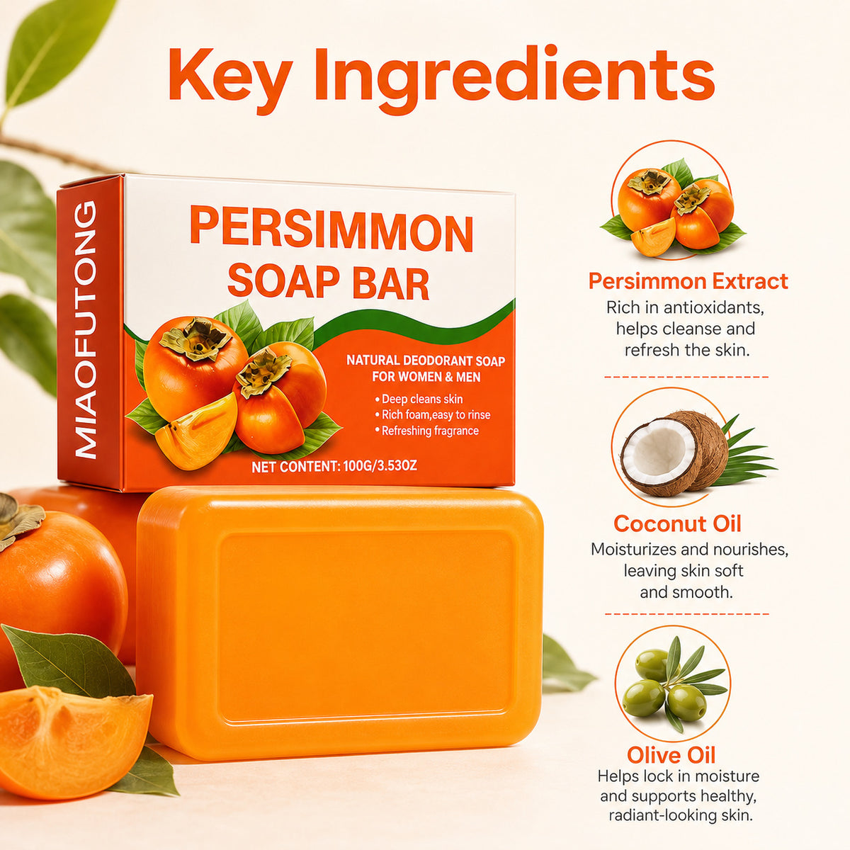 Persimmon Extract Deodorizing Moisturizing Handmade Body Soap teemdrop
