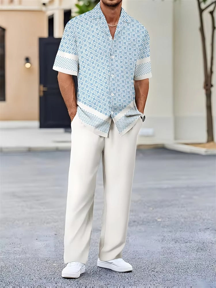 Mens Solid Color Short Sleeve Shirt and Drawstring Long Pants Two Piece Outfit teemdrop