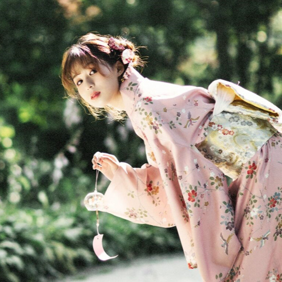 Womens Traditional Retro Japanese Camellia Print Kimono Dress with Girdle and Fan Headdress Set teemdrop
