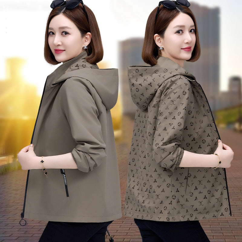 Women Reversible Hooded Long Sleeve Loose Polyester Windbreaker Jacket teemdrop