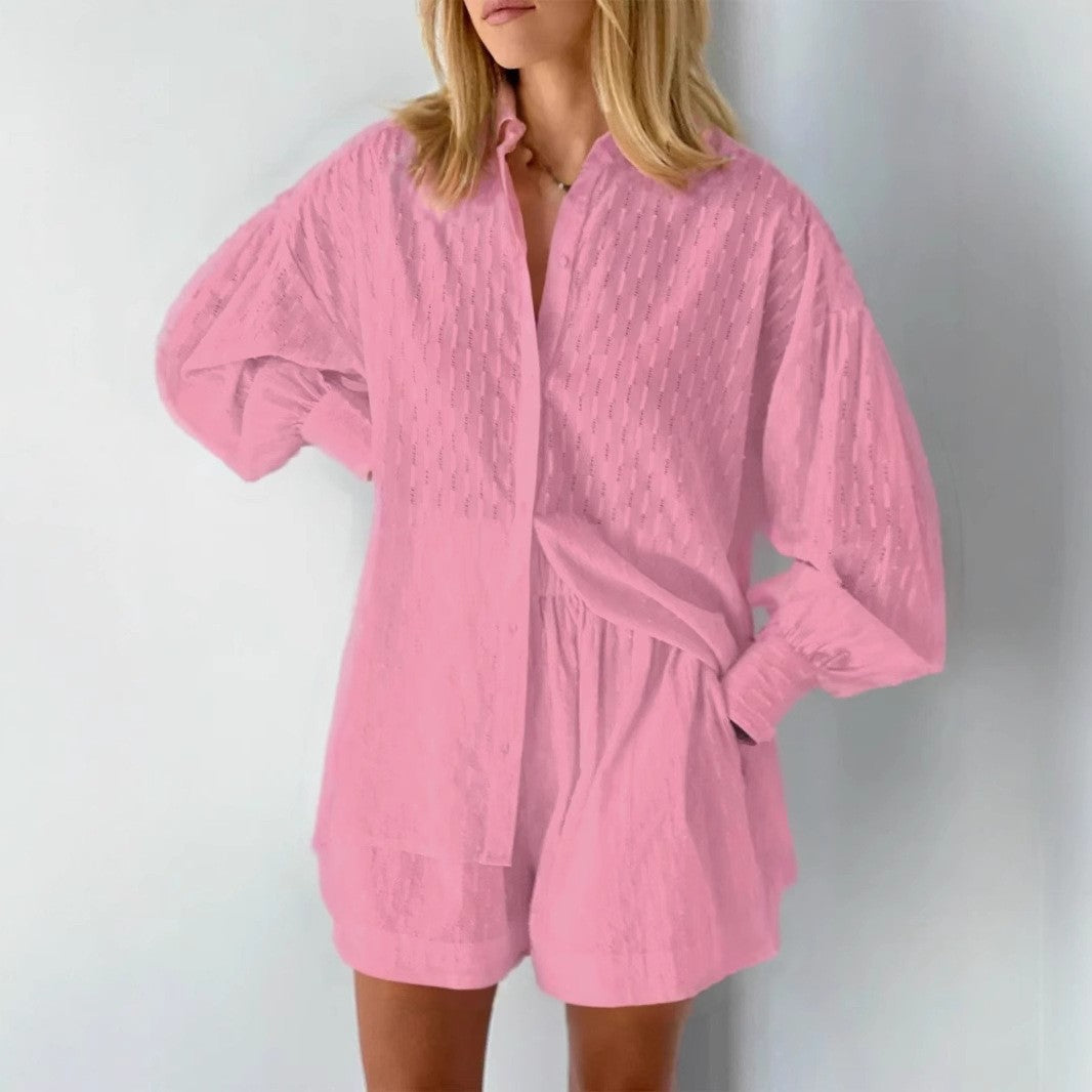 Women's Jacquard Puff Sleeve Shirt and Shorts Two-Piece Set teemdrop