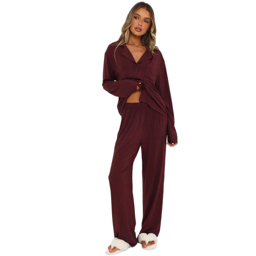 Women Modal Lapel Collar Long Sleeve Sleepwear Set teemdrop