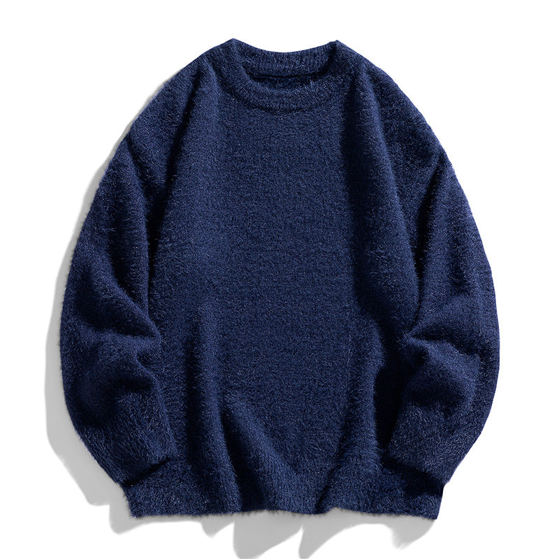 Men's Round Neck Pullover Solid Color Thickened Mink Mohair Knit Sweater teemdrop
