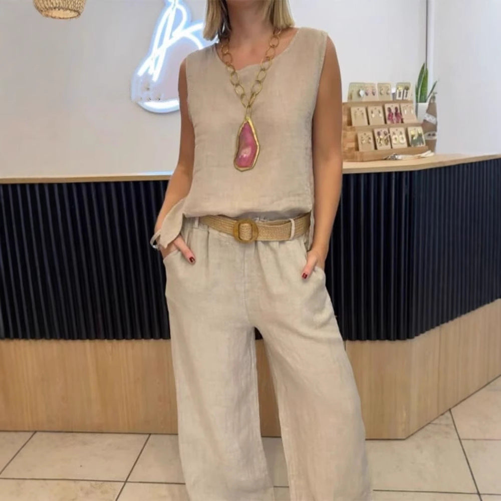 Women's Summer Cotton Linen Solid Color Sleeveless Two-Piece Pantsuit Set teemdrop