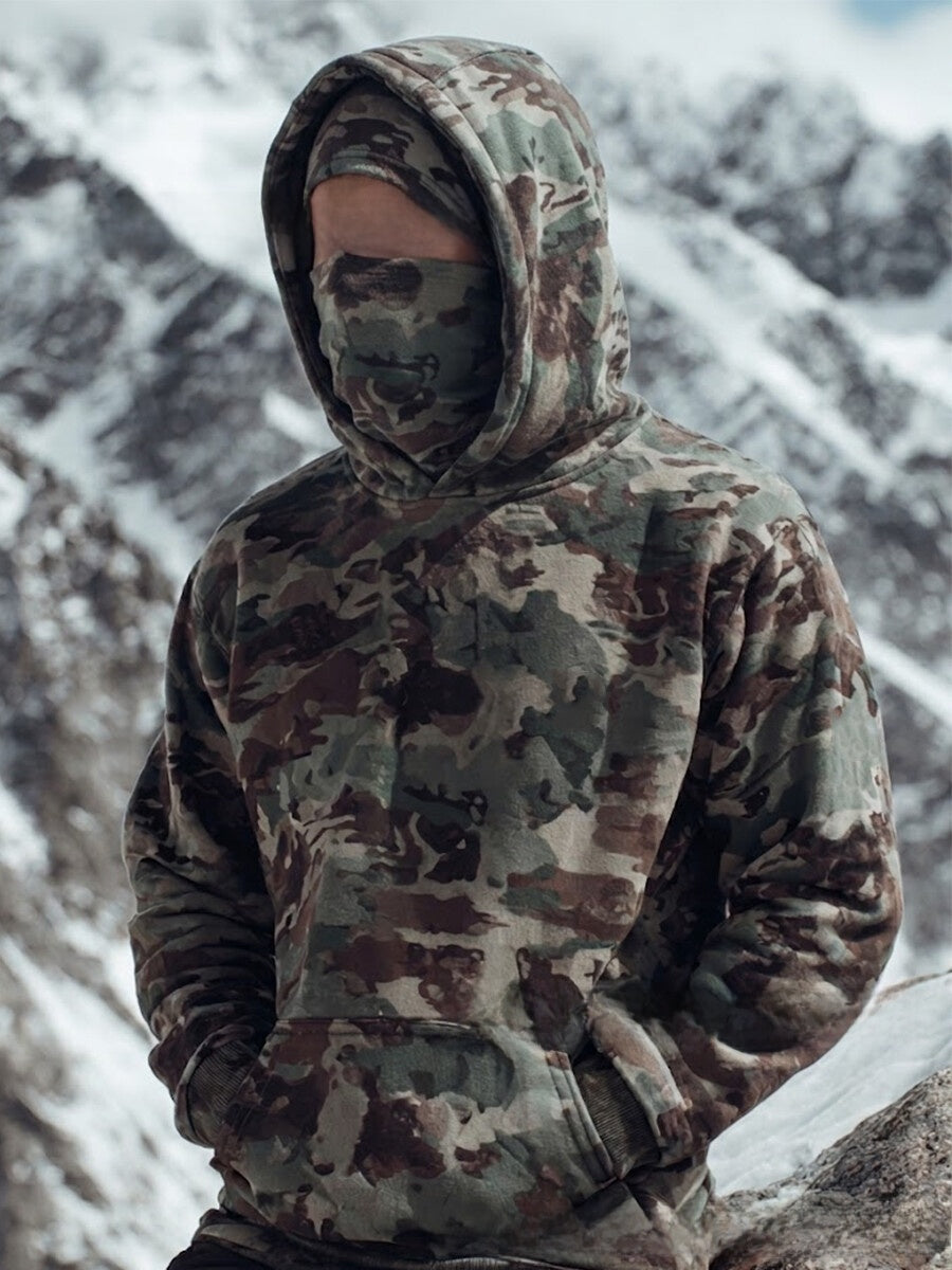 Men's outdoor plant-print pullover hooded sweatshirt with loose fit top body