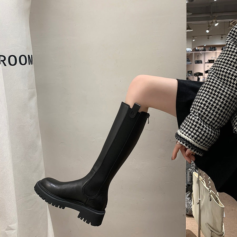 Women Genuine Cowhide Leather High-Top Chunky Heel Chelsea Riding Boots