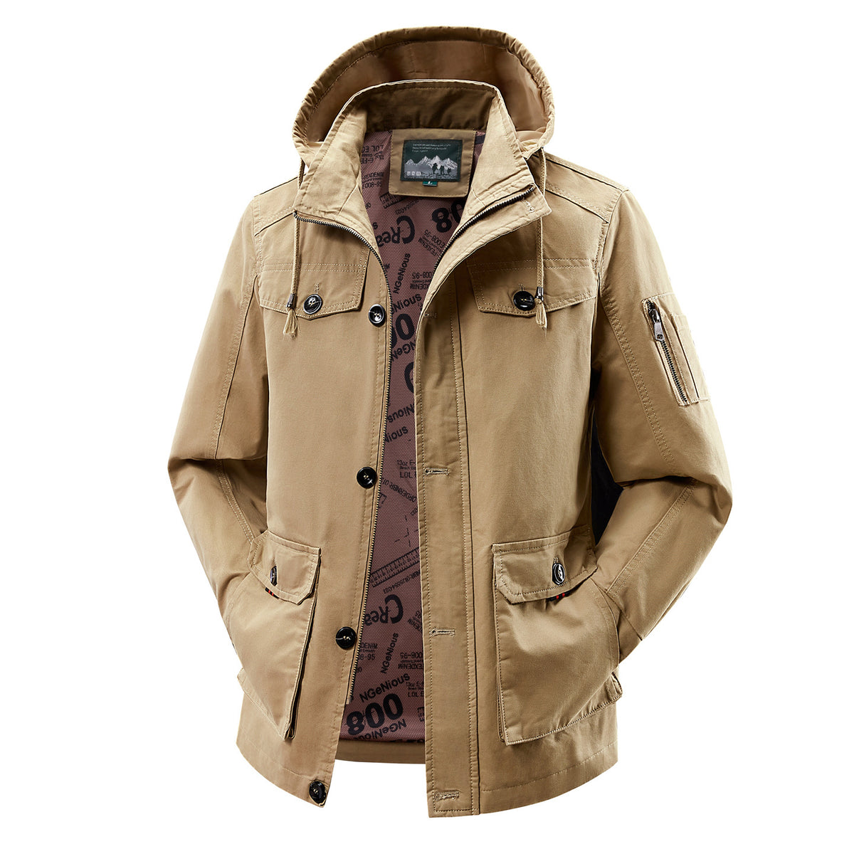 Men's cotton casual jacket with hood and stand-up collar, long and full-length coat