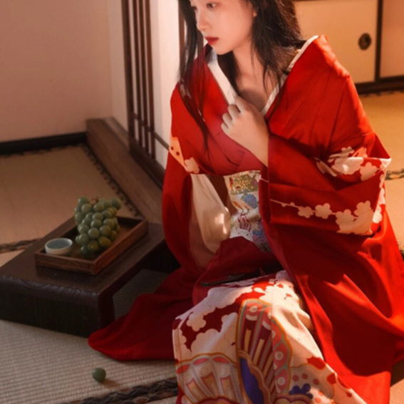 Womens Traditional Retro Japanese Camellia Print Kimono Dress with Girdle and Fan Headdress Set teemdrop