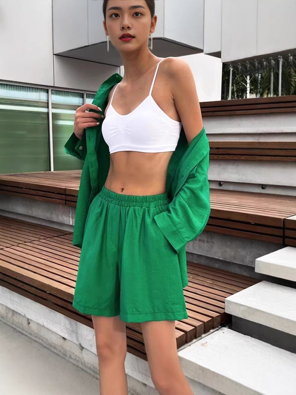 Women's Solid Lapel Shirt and High-Waist Shorts Casual Two-Piece Set teemdrop