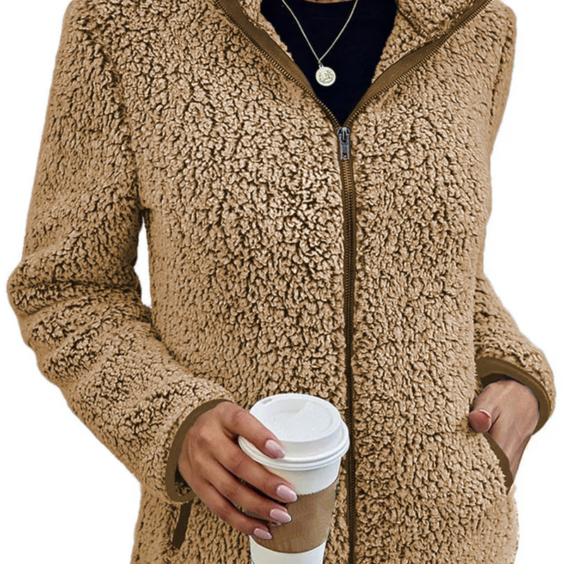 Women's Stand Collar Solid Color Zip-Up Bubble Fleece Jacket