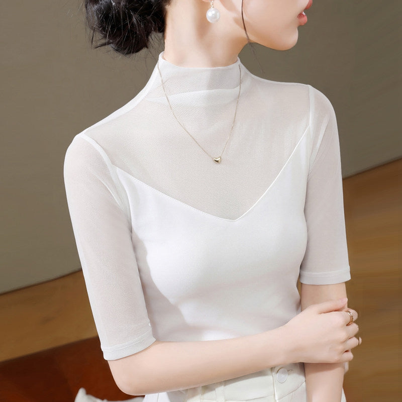 Women's Nylon Mesh Mid-Sleeve Half-High Collar Slim Fit T-Shirt teemdrop