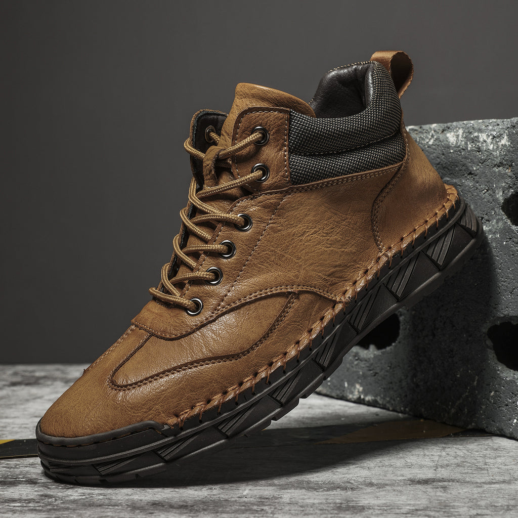 Mens Hand-Stitched PU Leather Lace-Up Flat Ankle Boots