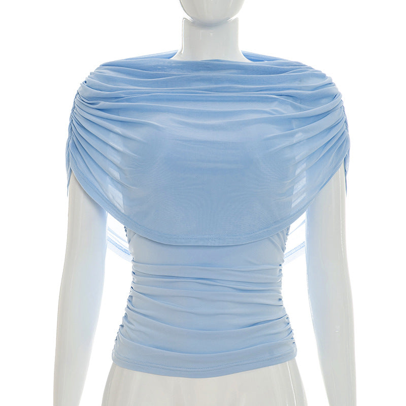 Lady's sleeveless scarf-necked pleated blouse