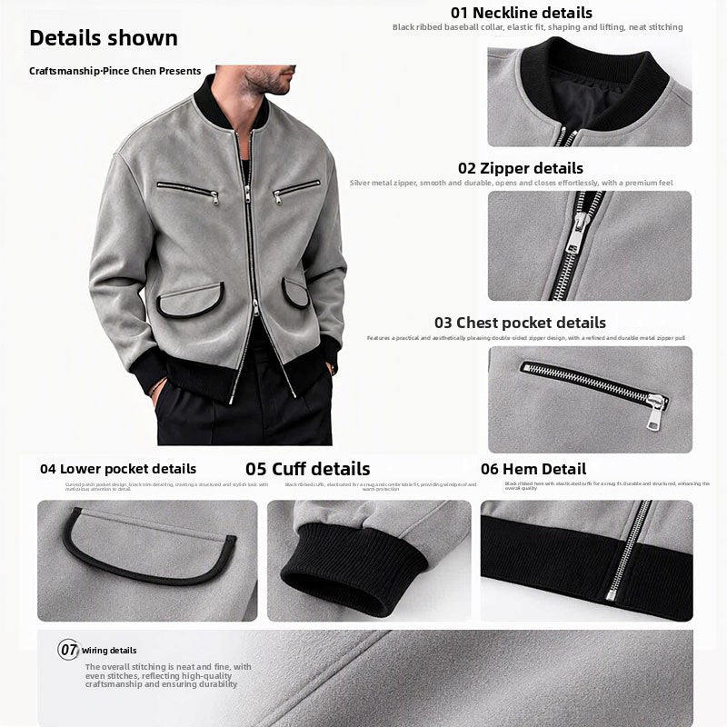 Men's Stand Collar Zipper Jacket Solid Color Casual Long Sleeve Outerwear teemdrop